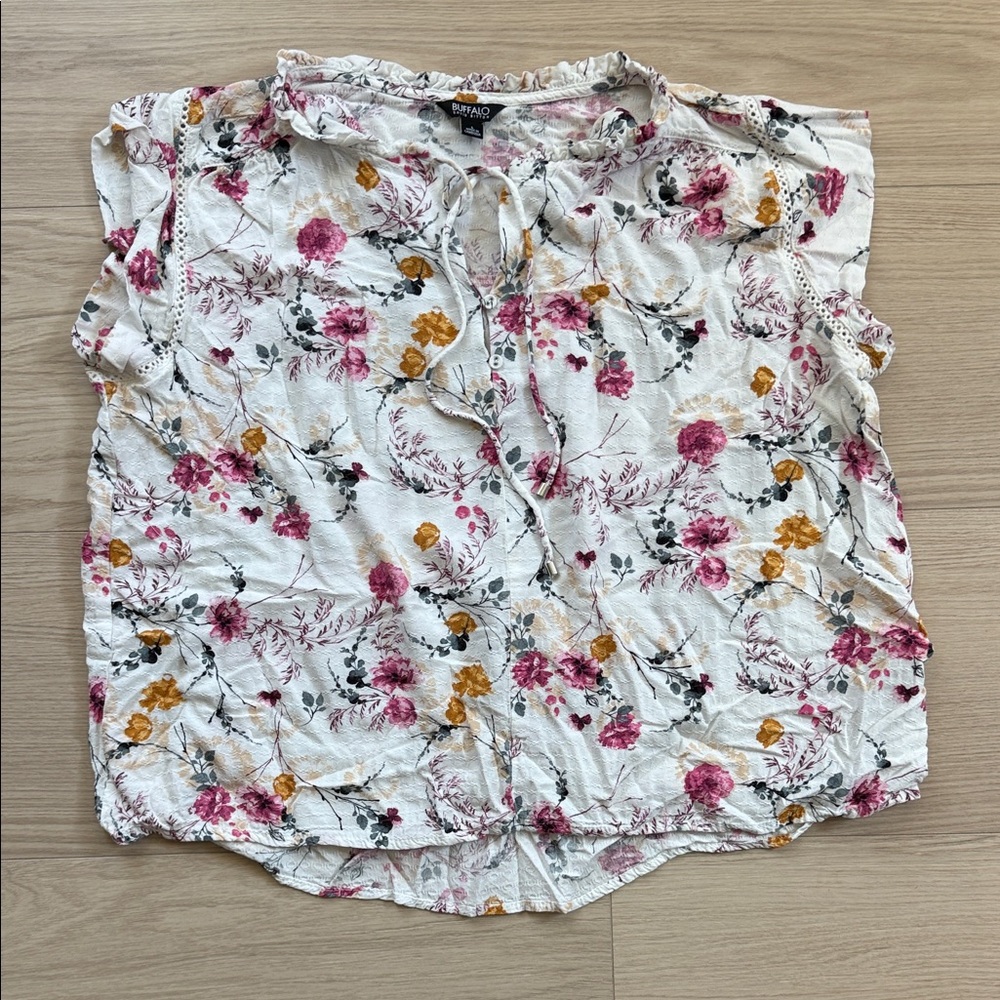 Buffalo David Bitton Floral Blouse - White with Pink and Gold
